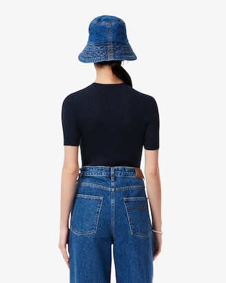 Kortmouwige Merinowollen Geribbelde Gebreide Sweater