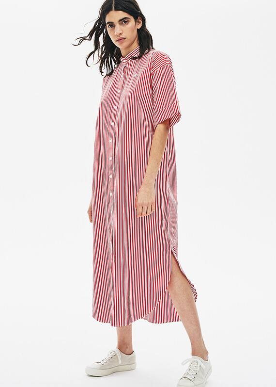 Vestido-camisa de algod&atilde;o &agrave;s riscas