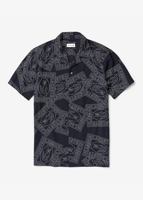 Camisa Lacoste de mangas curtas preta, estilo havaiano