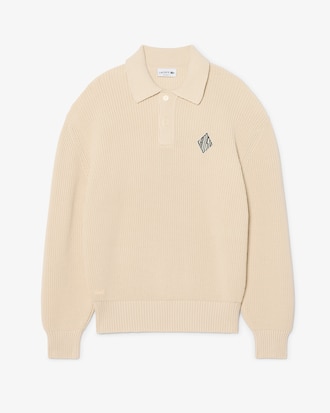 Sweater com Gola de Polo, Nervuras Peroladas e Emblema
