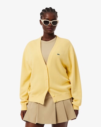 Cardigan de Algod&atilde;o em Ponto Musgo com Decote em V