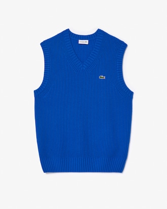Colete tipo Sweater em Lã Canelada com Decote em V