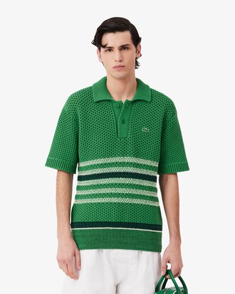 Sweater Runway com Gola de Polo Listrada em Malha Rendada