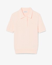 Sweater com Colarinho de Polo em Malha Tran&ccedil;ada e Listras