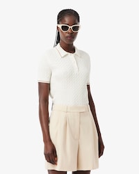 Sweater com Colarinho de Polo em Malha Tran&ccedil;ada e Listras