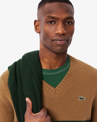 Sweater de L&atilde; com Decote em V &agrave;s Riscas