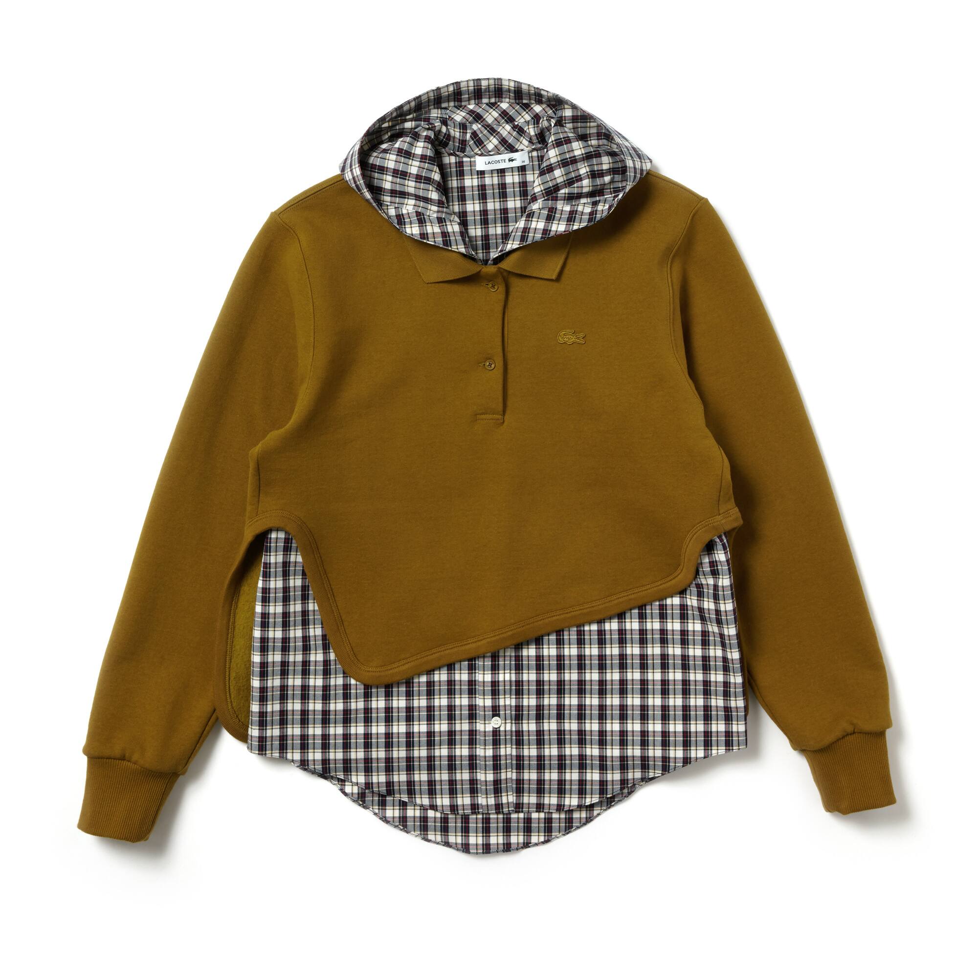 Polo de popelina axadrezado e com pelo 2 em 1 do desfile da Lacoste para mulher