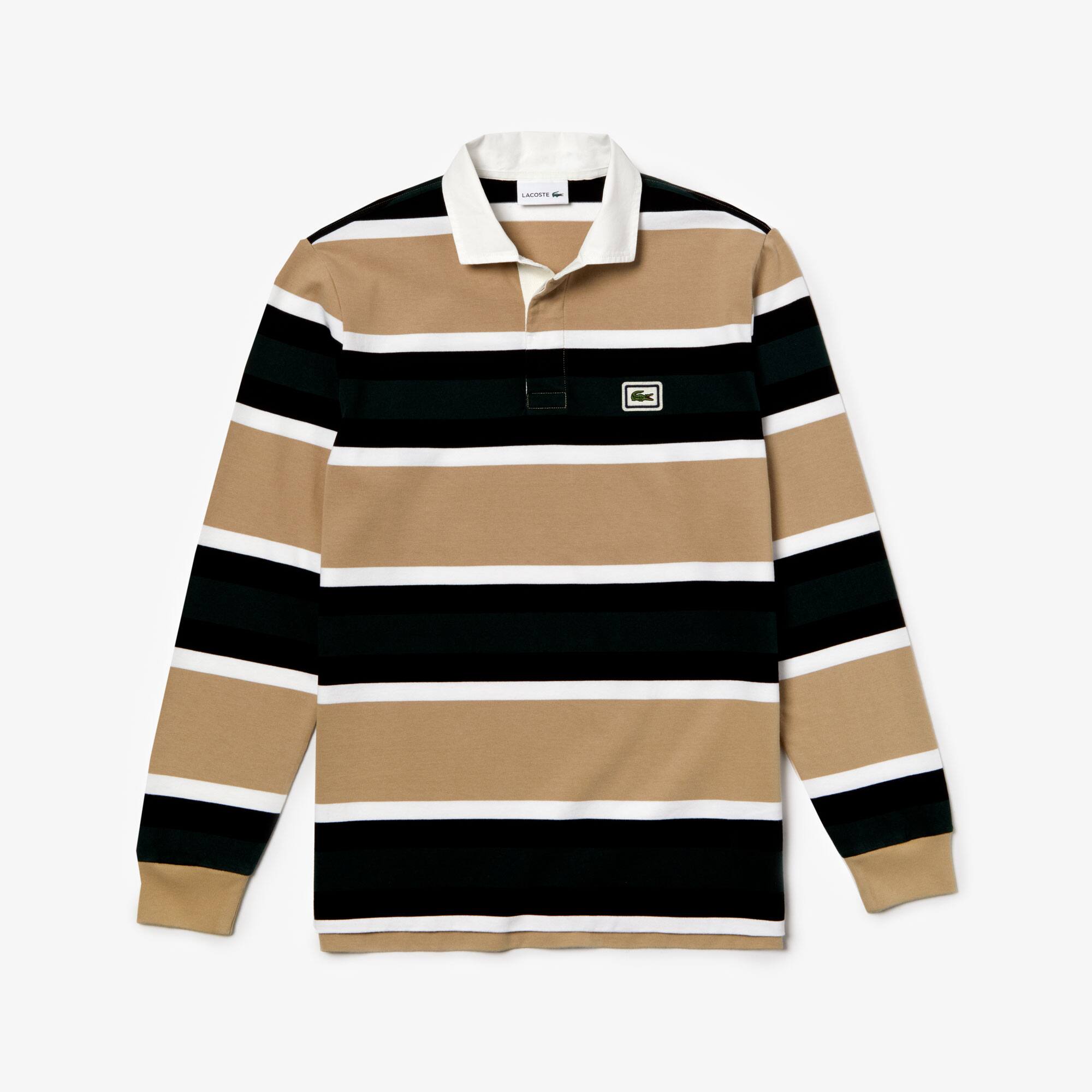 Lacoste Men/'s New Striped Thick Cotton Jersey Rugby Polo Shirt Beige