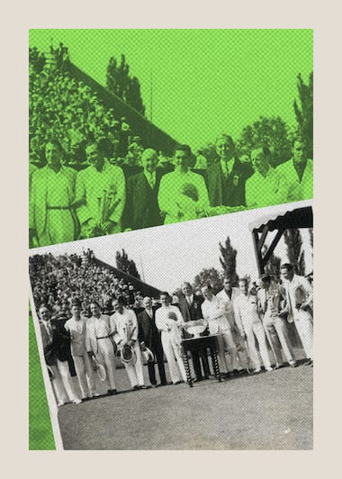 Jacques Brugnon, René Lacoste, Henri Cochet, Jean Borotra, Bill Tilden, Bill Johnston and Francis Hunter, Davis Cup 1927.