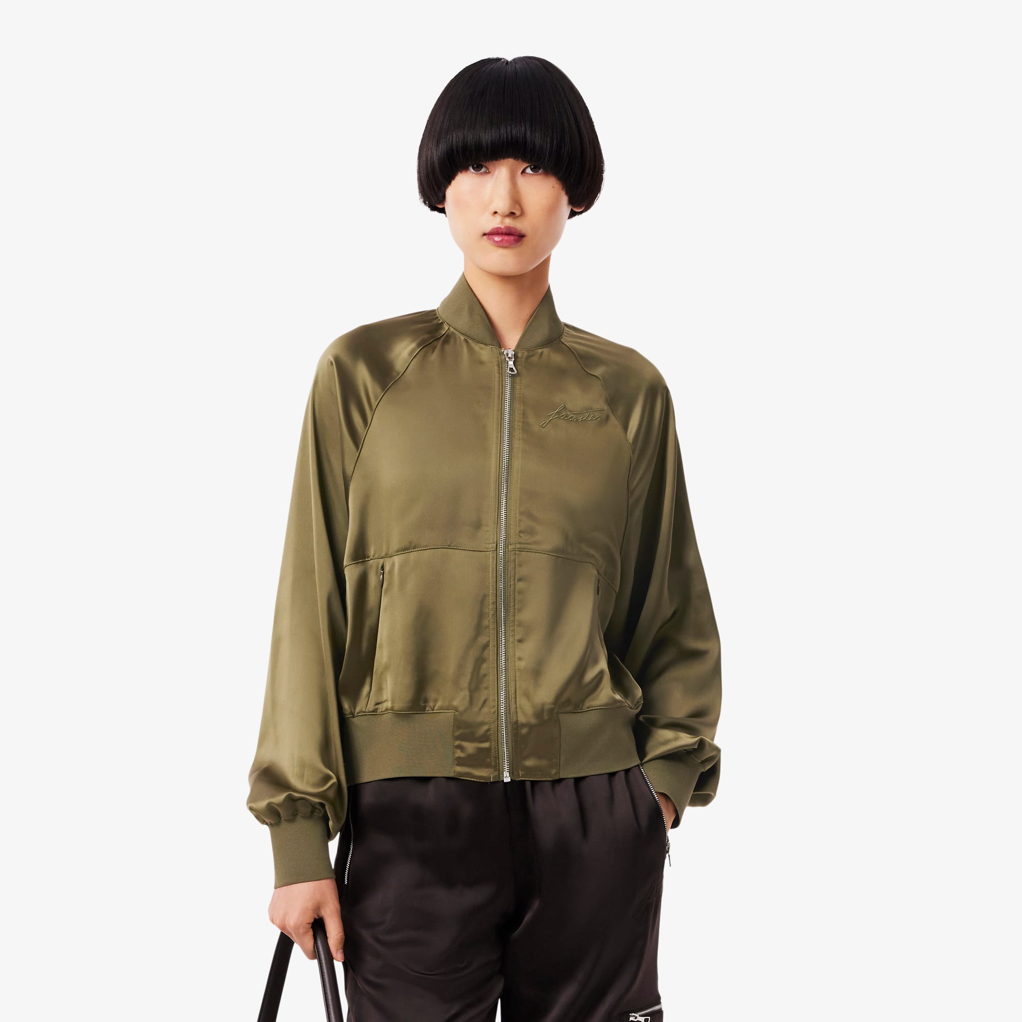 Oversized Embroidered Signature Satin Bomber Jacket - Women's
