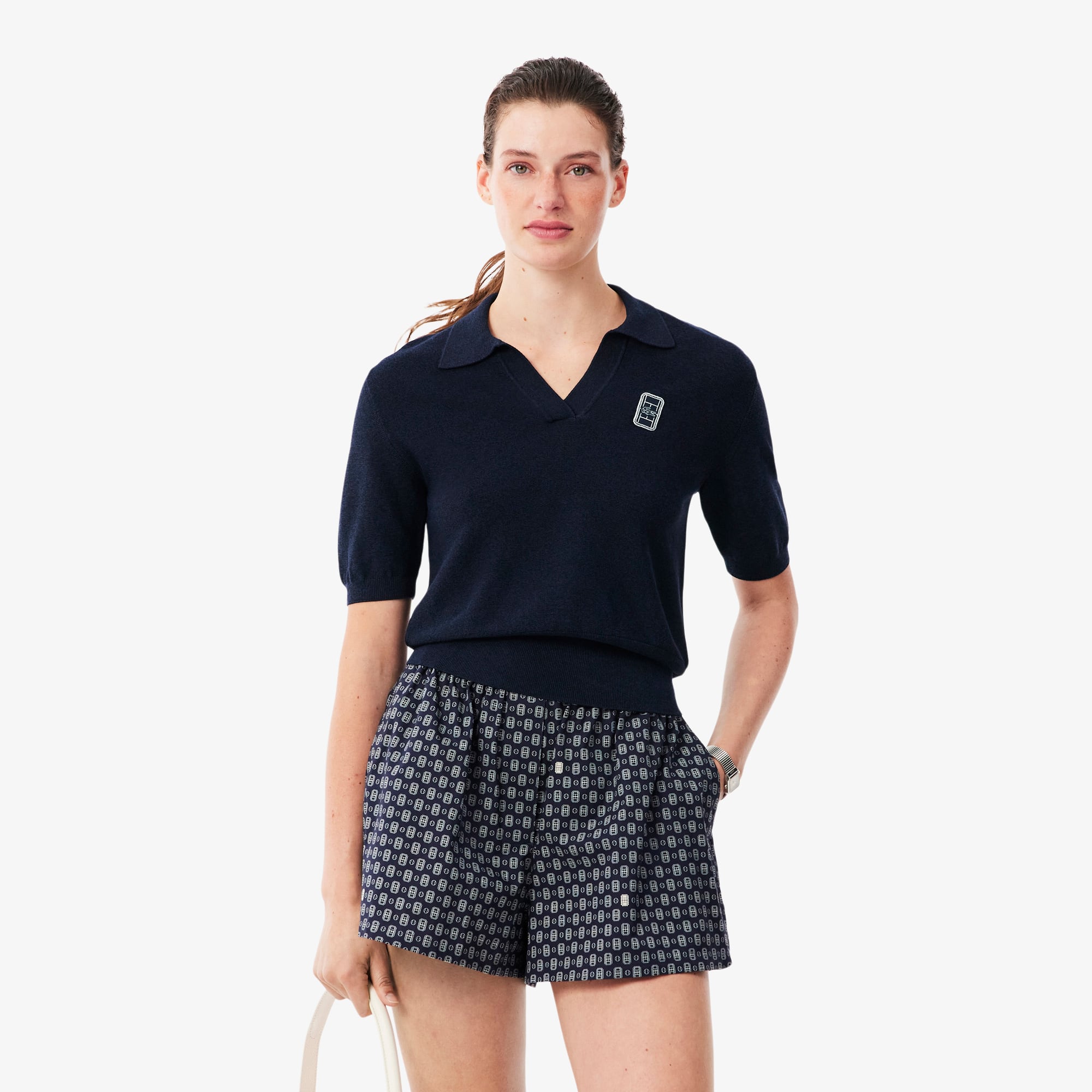 Regular Fit Open Neck Badge Accent Knit Polo Shirt - Women's