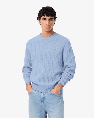Cable Knit Carded Wool Crew Neck Sweater