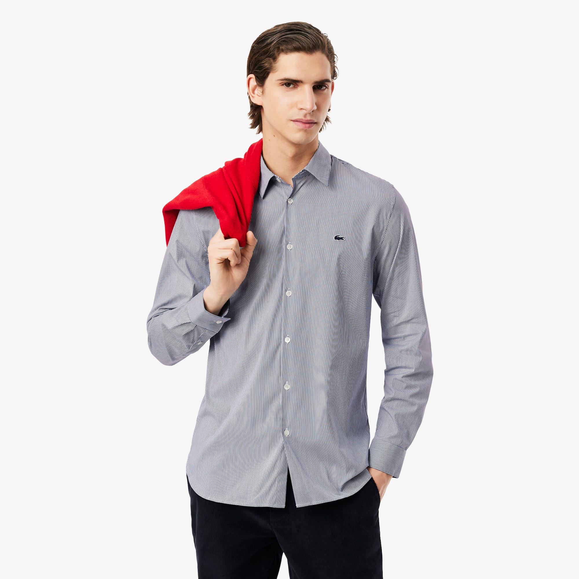 Slim Fit Striped Stretch Poplin Shirt - Men's Long Sleeves Shirts