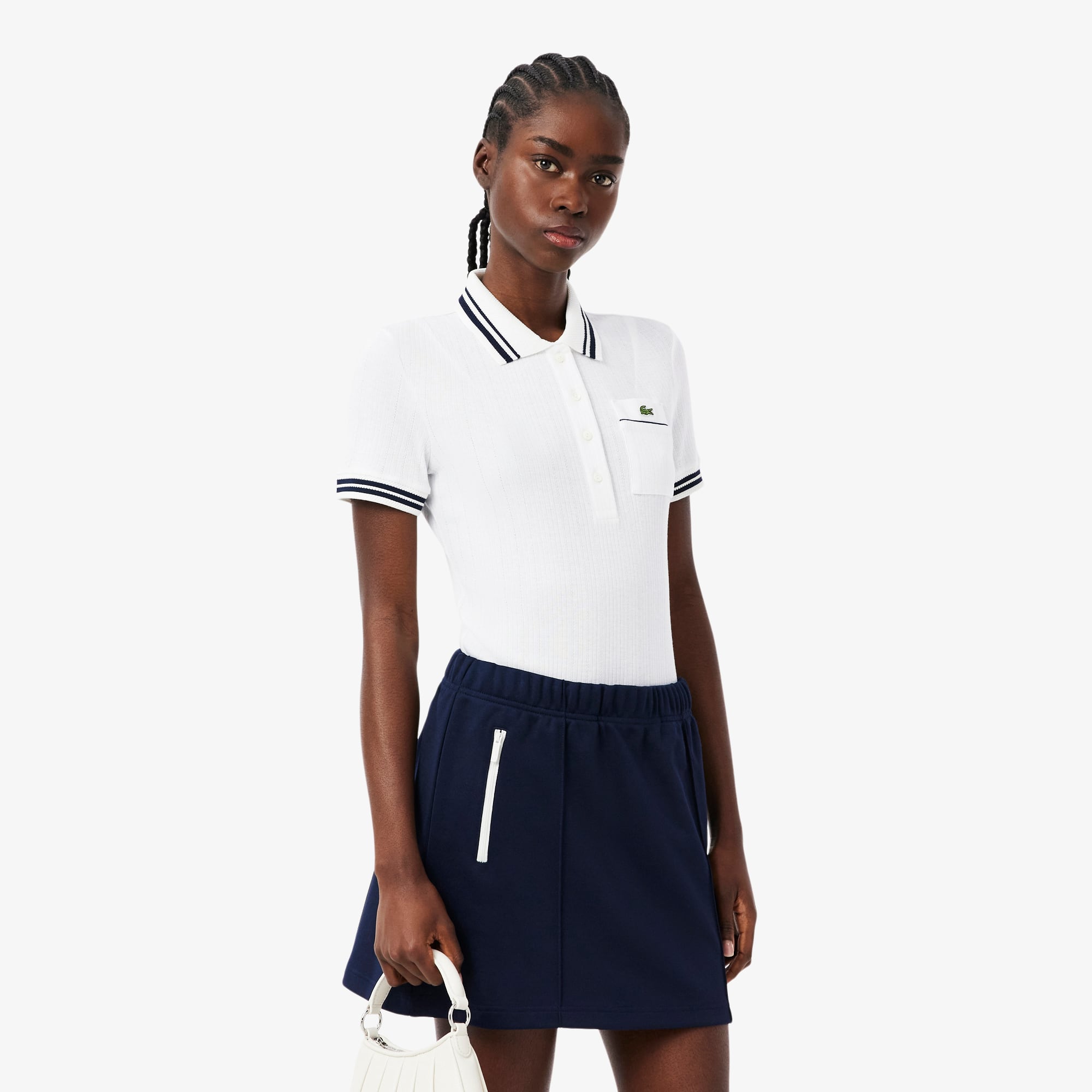 Slim Fit French Made Ribbed Polo Shirt - Women's Short Sleeves