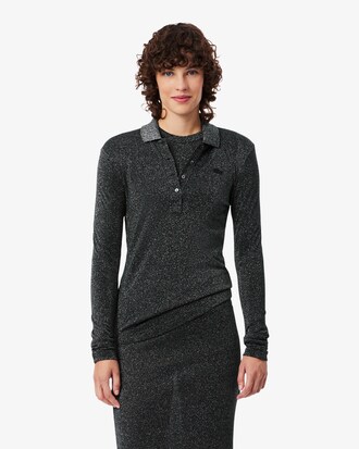 Slim Fit Long Sleeved Glitter Jersey Polo Shirt