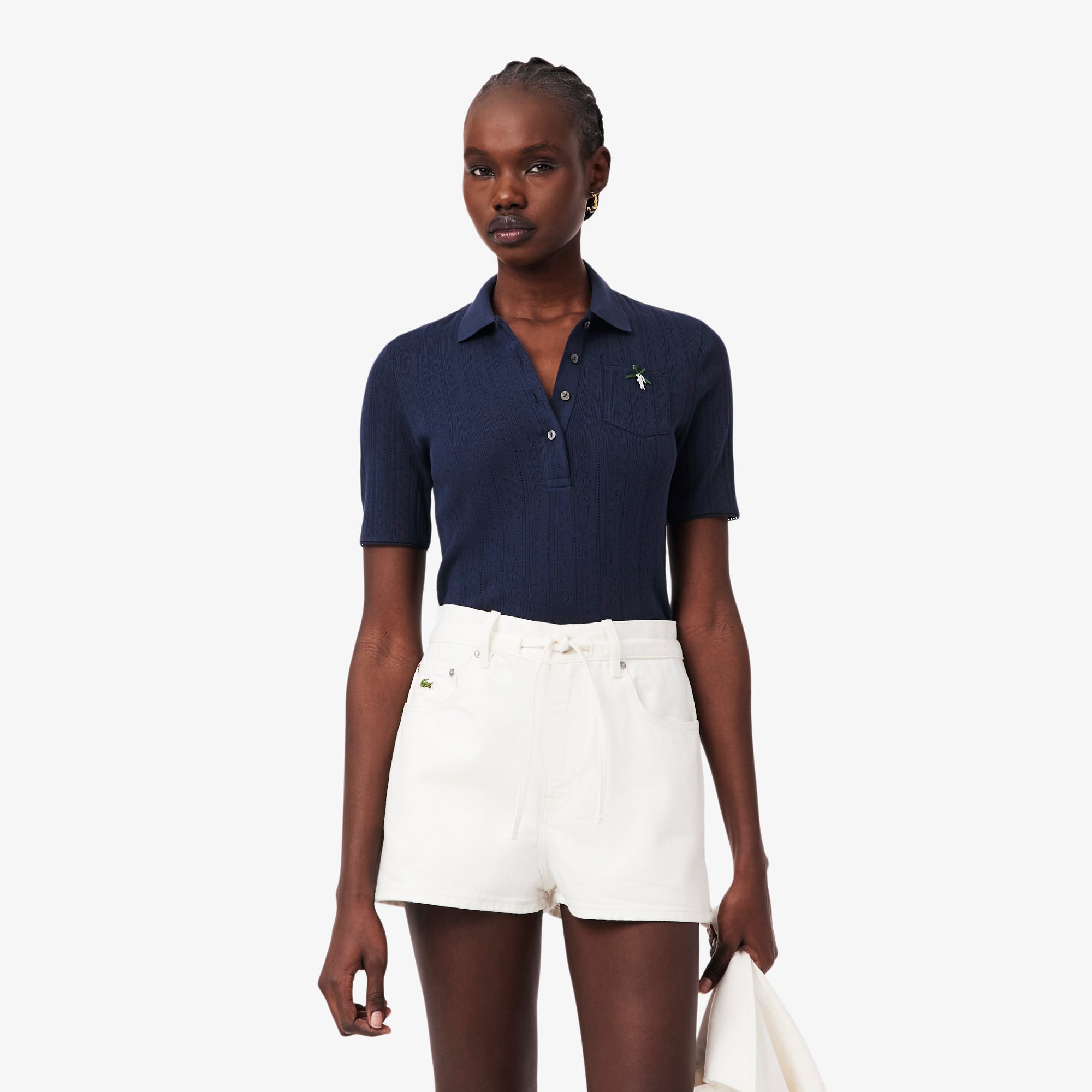 Slim Fit Pointelle Branded L.12.D Polo Shirt - Women's Short