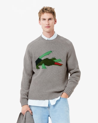 Crocodile Motif Carded Wool Sweater Men's Knitwear New In 2025