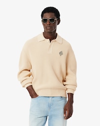 Badge Accent Pearl Rib Polo Collar Sweater
