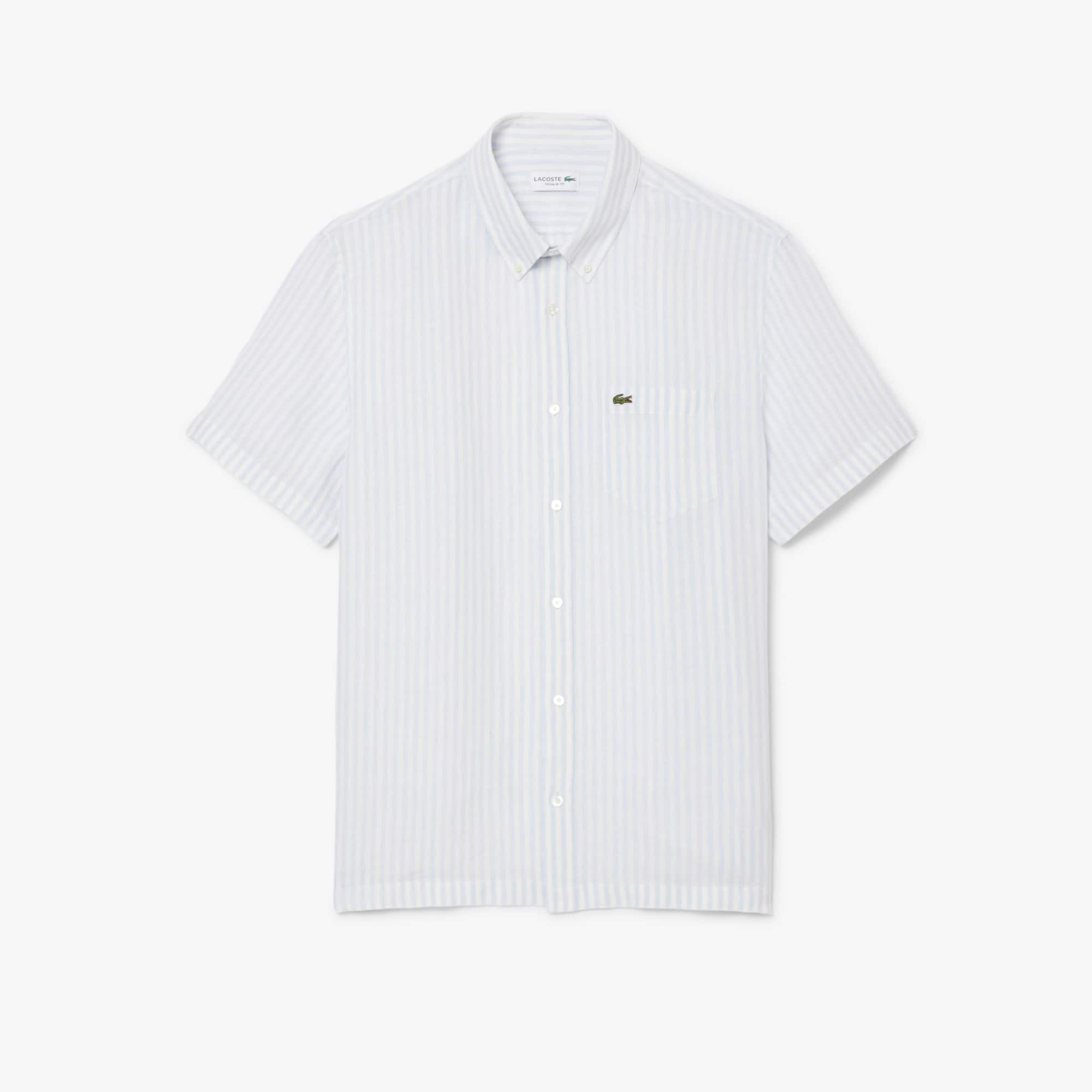 LACOSTE ホワイト レギュラーフィットシャツ Regular Fit Short Sleeved Linen Shirt - Men's Short Sleeves Shirts