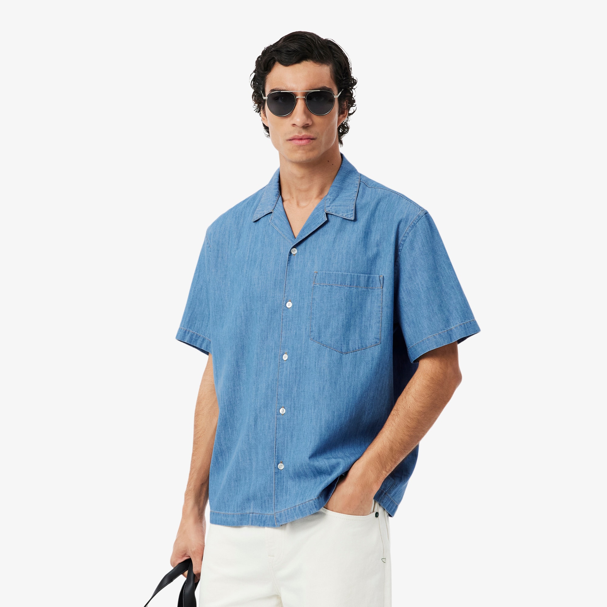 Relaxed Fit Open Neck Denim Shirt - Men's Short Sleeves Shirts